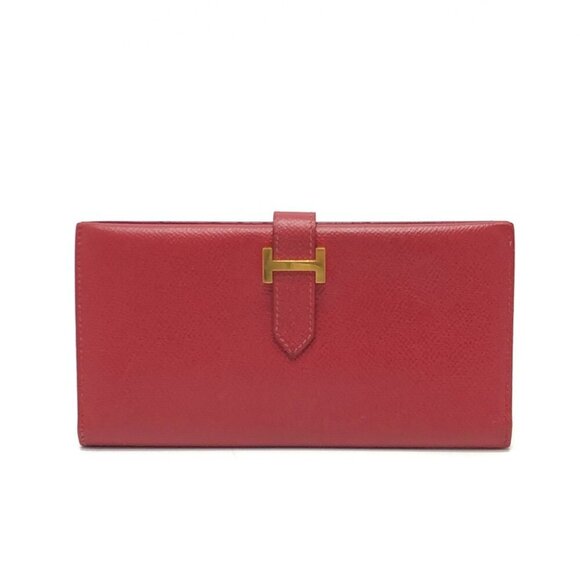 HERMES Bearn Souffle Two fold Long Wallet Courchevel Red/GoldHardware - Picture 1 of 16